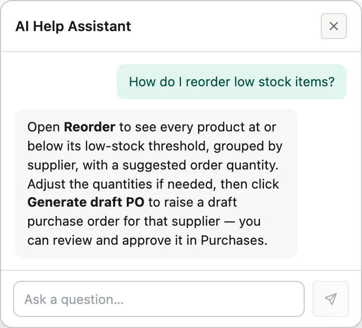 Canventra AI Help Assistant chat panel answering a question about reordering low stock items: open Reorder, adjust the suggested quantities, then click Generate draft PO
