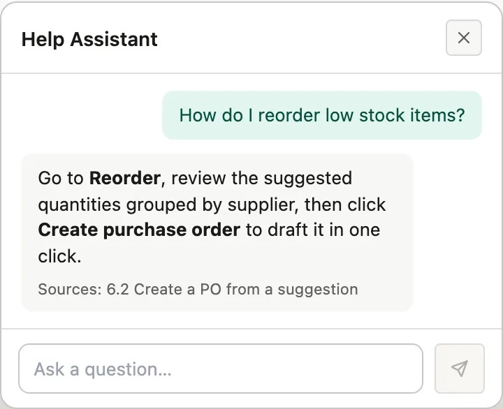 Canventra Help Assistant chat widget open over the dashboard, answering a question about reordering low stock items with a cited source